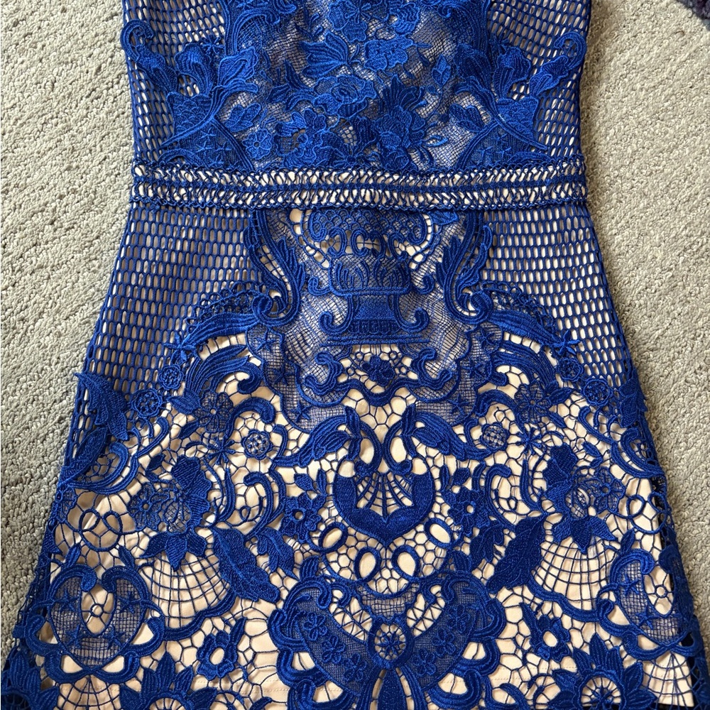 AKIRA Electric Blue Lace Appliqué Midi Dress